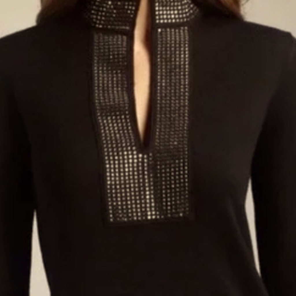 Tory Burch Black Merino Wool Rhinestone Embellished Tunic Sweater